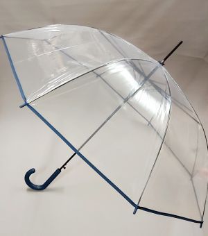 Parapluie cloche transparent long automatique avec une ganse en bleu 8 branches - léger et solide 