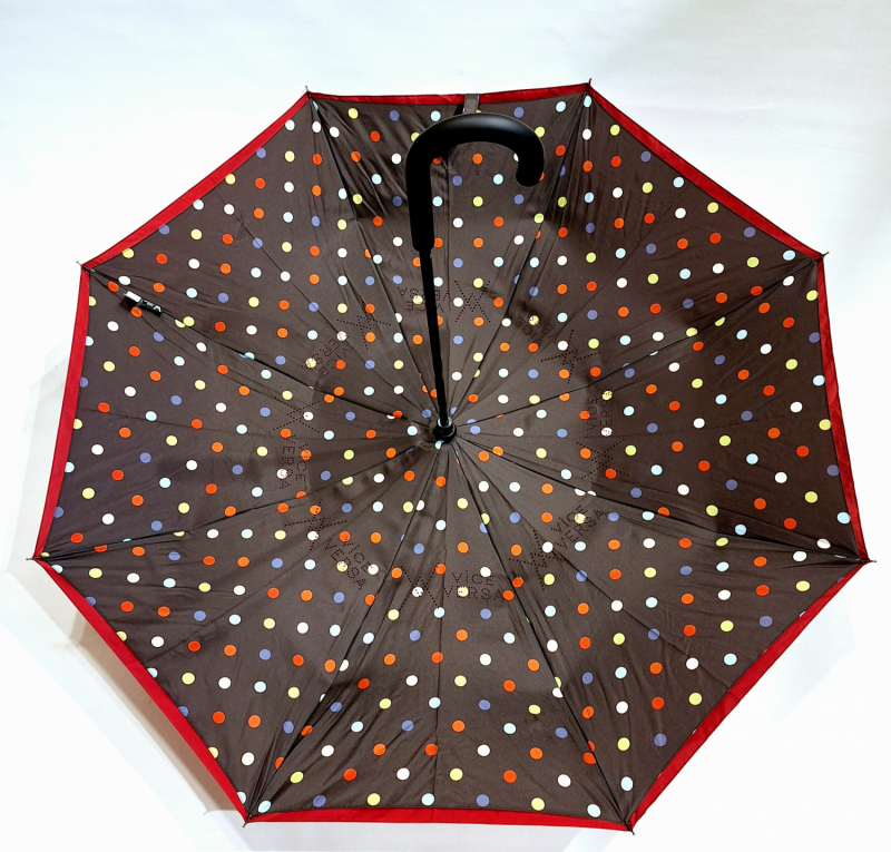 Parapluie inversé tissu bordeaux & noir doublé imprimé a pois - léger et solide