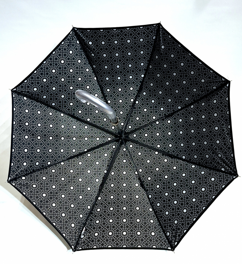 Parapluie Long manuel doublé argent & noir imprimé - Grand & français - Piganiol - léger & solide