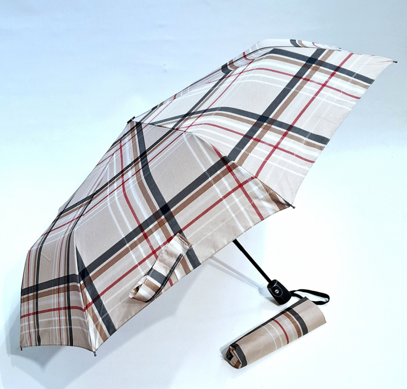  Parapluie mini pliable beige & marron ouverture et fermeture imprimé ecossais Doppler- léger & solide