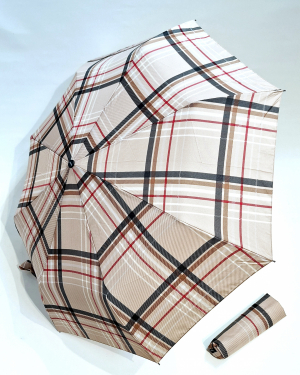  Parapluie mini pliable beige & marron ouverture et fermeture imprimé ecossais Doppler- léger & solide