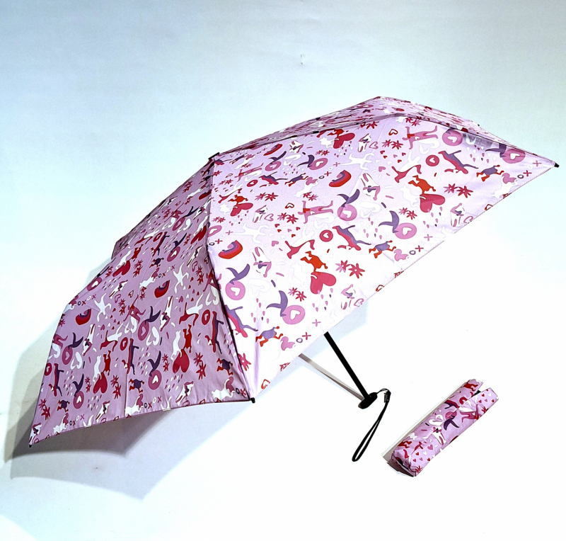 Parapluie pliant extra plat rose imprimé love Knirps 050 - Super léger 115g & solide