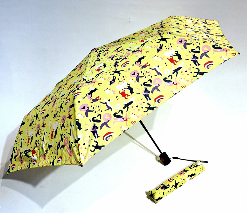 Parapluie mini PLUME extra plat pliant jaune imprimé de silhouette manuel Knirps US050 - léger 115g & solide