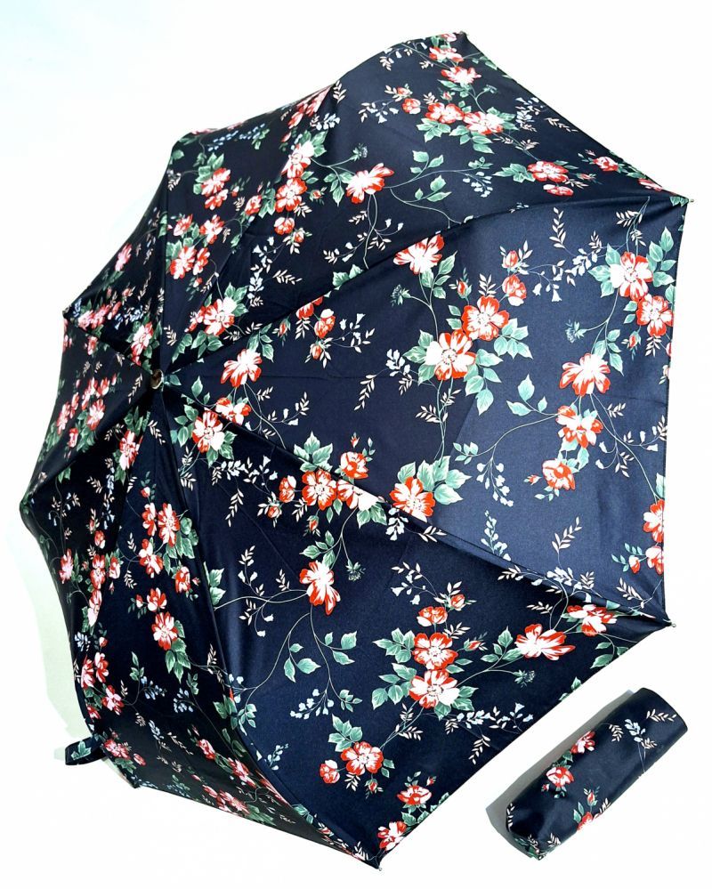  Mini parapluie pliant open-close noir à motif de fleurs colorés Neyrat Autun, léger et solide