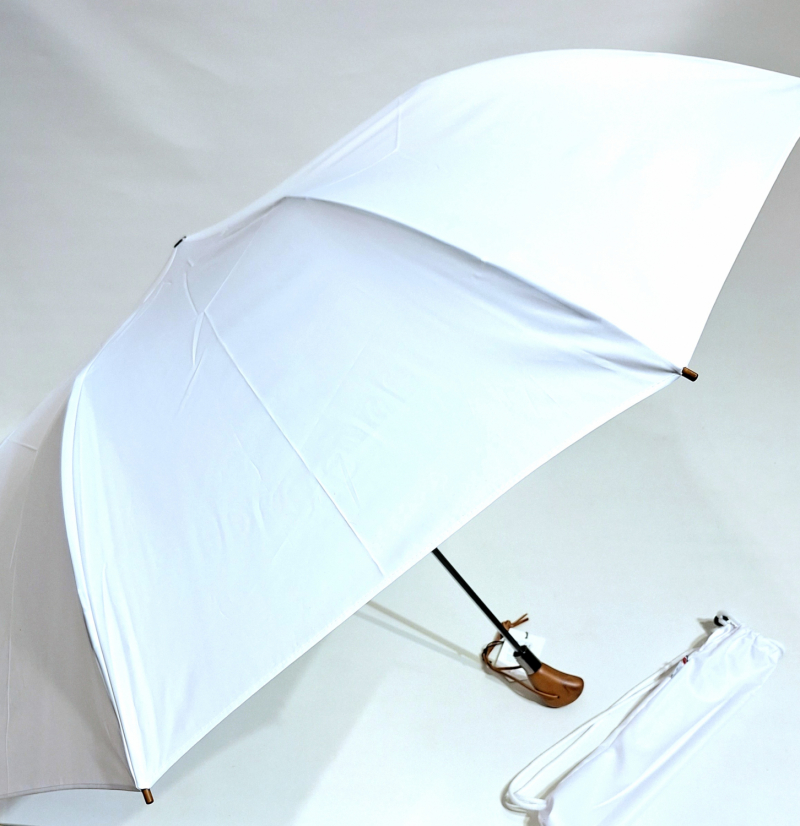 Grand parapluie golf pliant automatique tissu uni blanc poignée bois français - XXL 130 cm & Bandoulière 