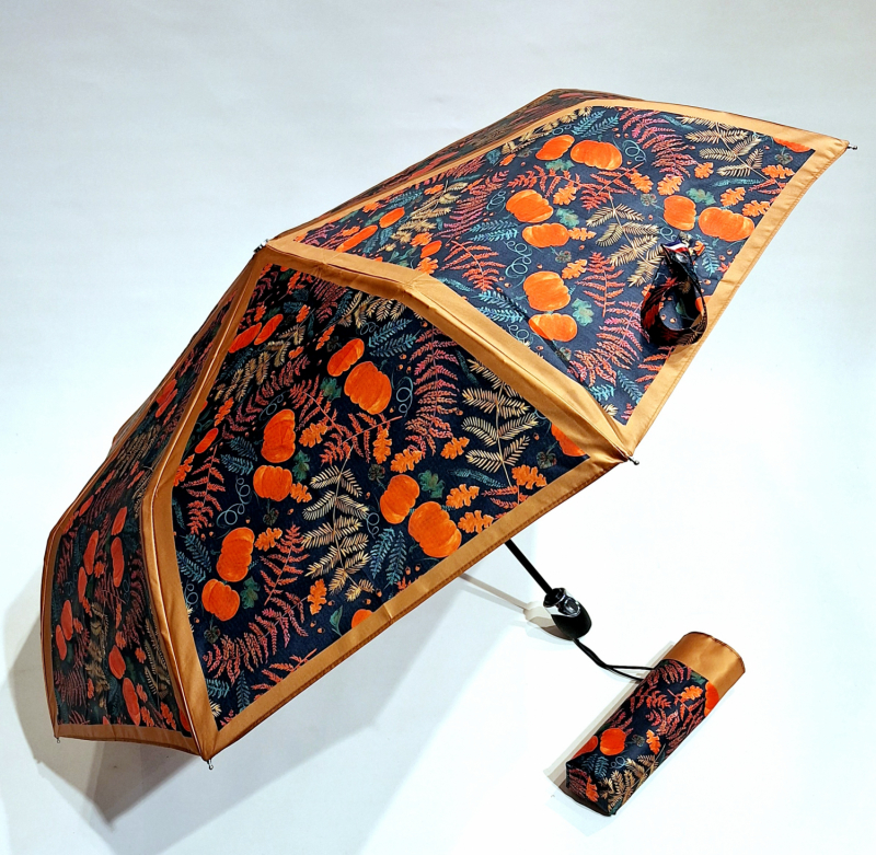 Parapluie mini haut de gamme open close orange & rouge imprimé potiron SOUS-BOIS français - anti uv & solide