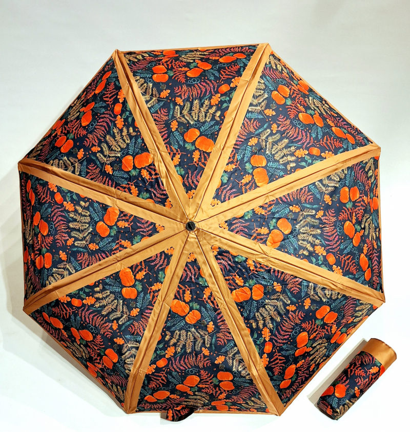 Parapluie mini haut de gamme open close orange & rouge imprimé potiron SOUS-BOIS français - anti uv & solide