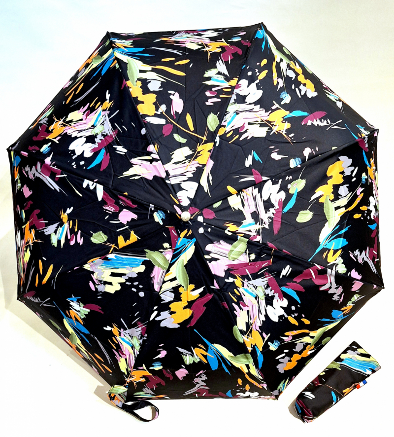 Parapluie mini pliant automatique noir imprimé fleurs colorés peintes Neyrat - Léger & résistant