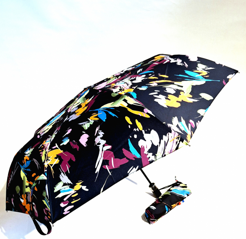 Parapluie mini pliant automatique noir imprimé fleurs colorés peintes Neyrat - Léger & résistant