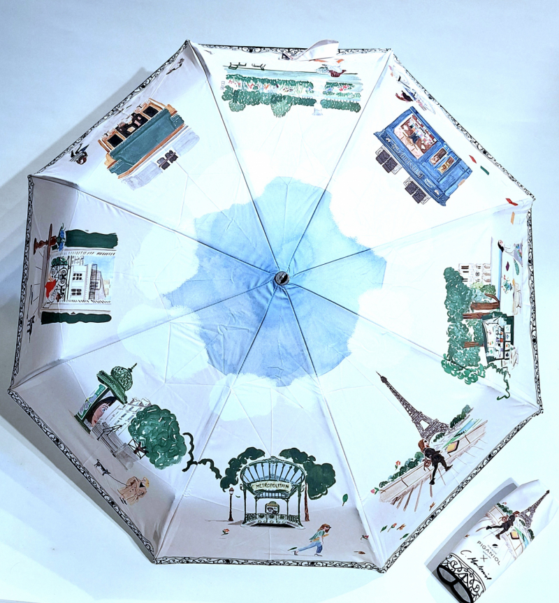 Parapluie pliant français automatique Blanc imprimé Vie Parisienne - anti UV - Original & Coll. Montoriol