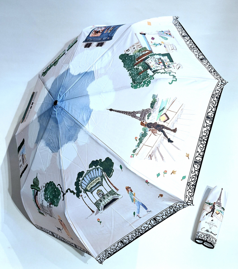 Parapluie pliant français automatique Blanc imprimé Vie Parisienne - anti UV - Original & Coll. Montoriol