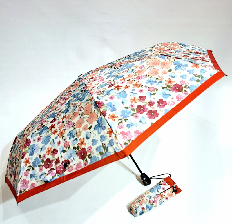 Parapluie pliant automatique ouvrant fermant ivoire imprimé de petites fleurs colorées Neyrat - Léger & solide