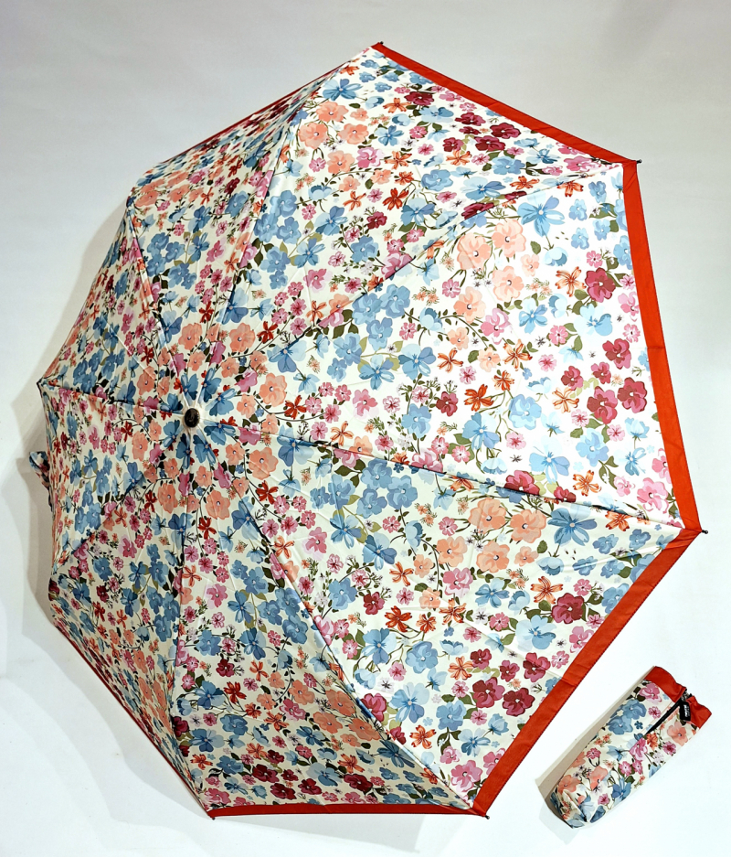 Parapluie pliant automatique ouvrant fermant ivoire imprimé de petites fleurs colorées Neyrat - Léger & solide