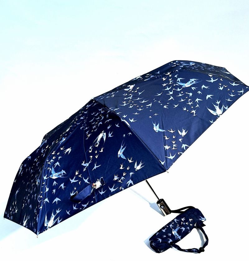 Parapluie mini automatique open close bleu marine imprimé hirondelle P.Vaux français - solide & résistant