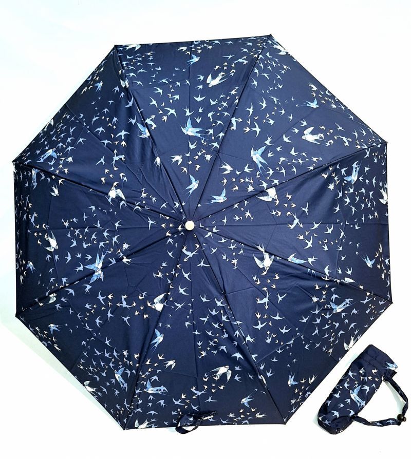 Parapluie mini automatique open close bleu marine imprimé hirondelle P.Vaux français - solide & résistant