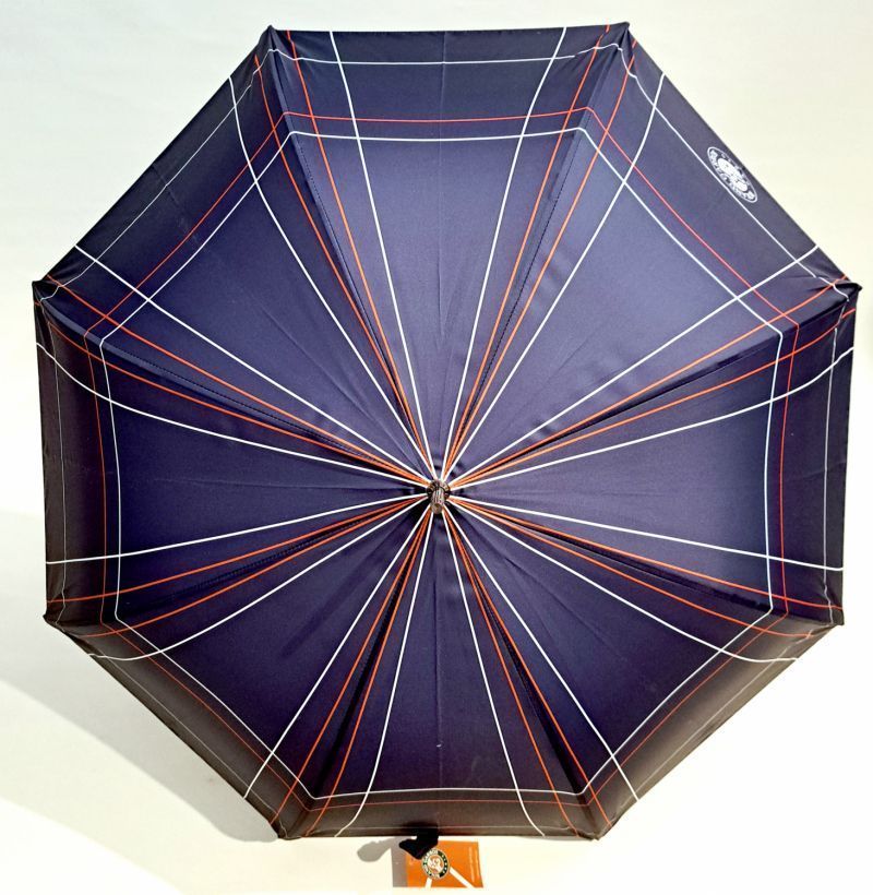 Parapluie Roland Garros long automatique bleu marine imprimé rayé & anti uv - Léger & Résistant