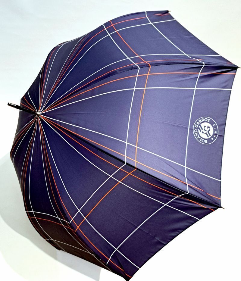 Parapluie Roland Garros long automatique bleu marine imprimé rayé & anti uv - Léger & Résistant