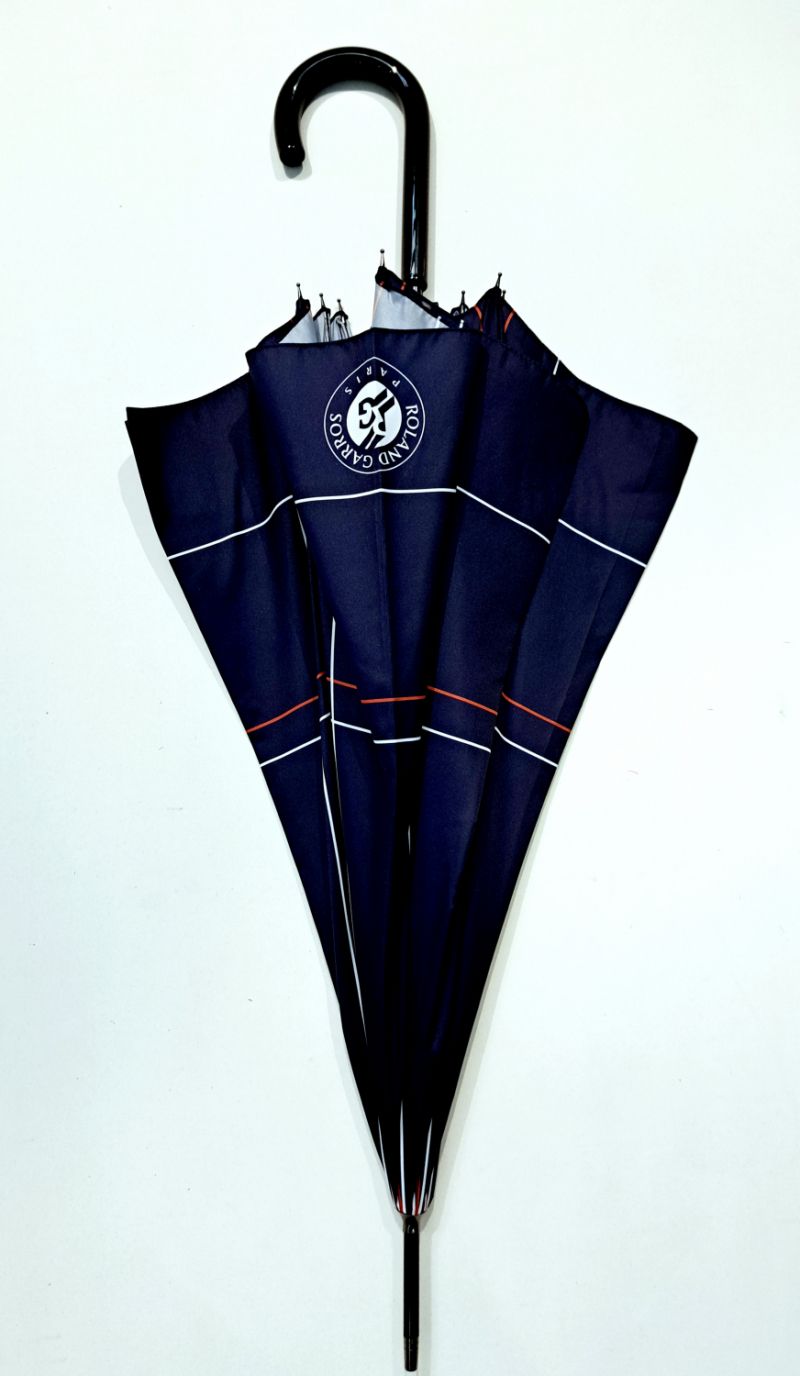 Parapluie Roland Garros long automatique bleu marine imprimé rayé & anti uv - Léger & Résistant