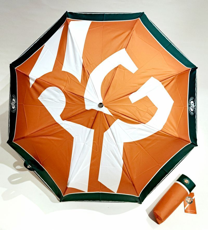 Parapluie Roland Garros pliant ouvrant & fermant vert & terre battue siglé RG / pg cuir vert - Léger & solide