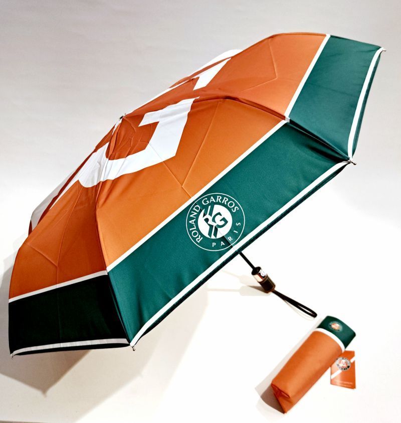 Parapluie Roland Garros pliant ouvrant & fermant vert & terre battue siglé RG / pg cuir vert - Léger & solide