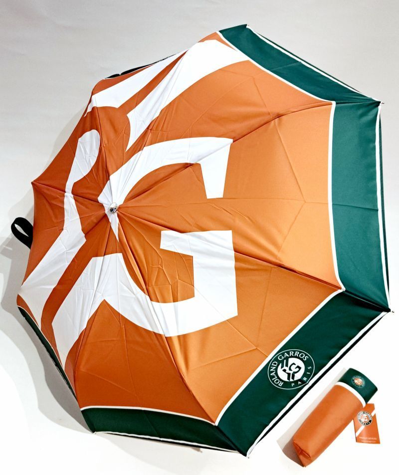 Parapluie Roland Garros pliant ouvrant & fermant vert & terre battue siglé RG / pg cuir vert - Léger & solide