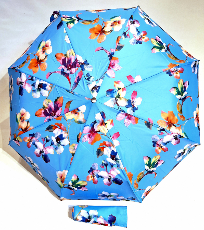 Parapluie mini pliant ouvrant & fermant bleu ciel imprimé fleurs colorées Neyrat Autun - léger et résistant