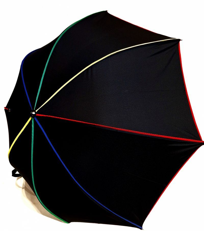 Parapluie grand manuel poignée bois uni noir ganse colorée français - léger & solide