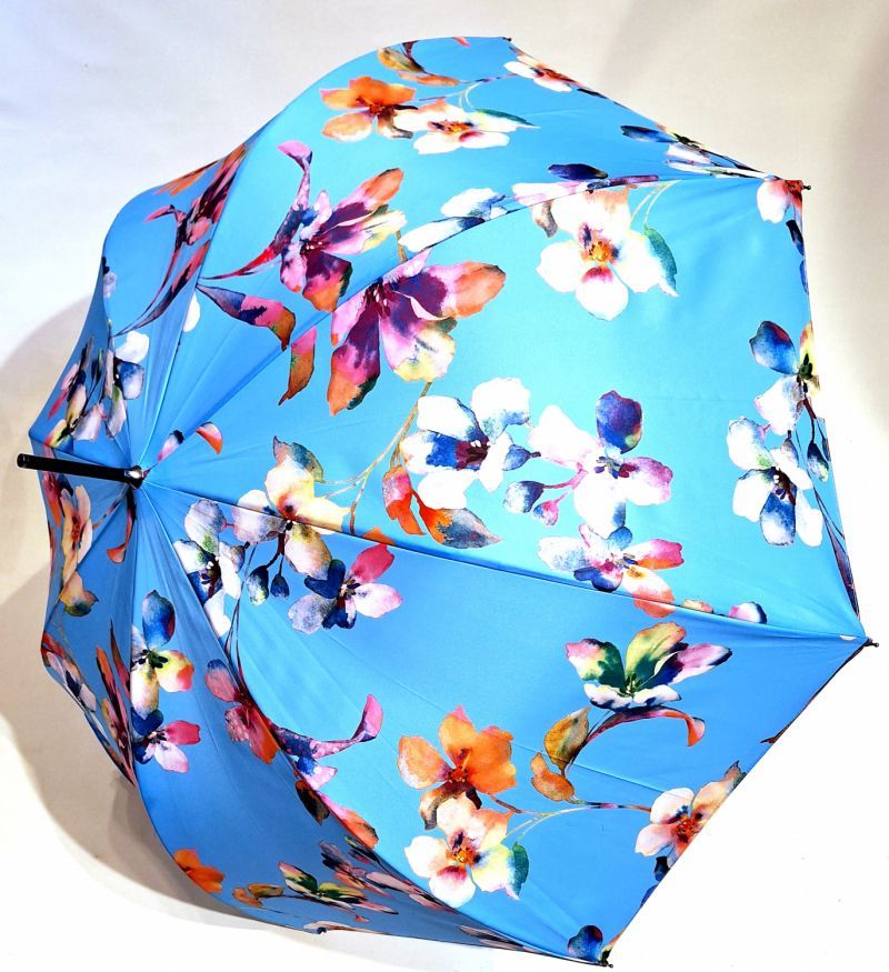 Parapluie grand forme cloche automatique bleu ciel imprimé floral Neyrat - léger & résistant