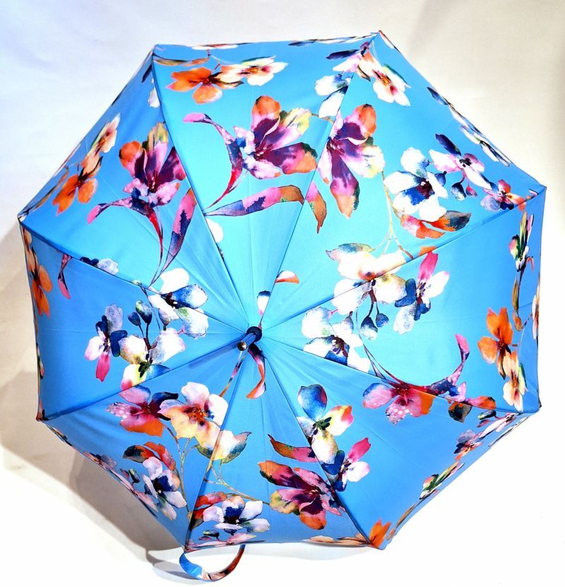 Parapluie grand forme cloche automatique bleu ciel imprimé floral Neyrat - léger & résistant