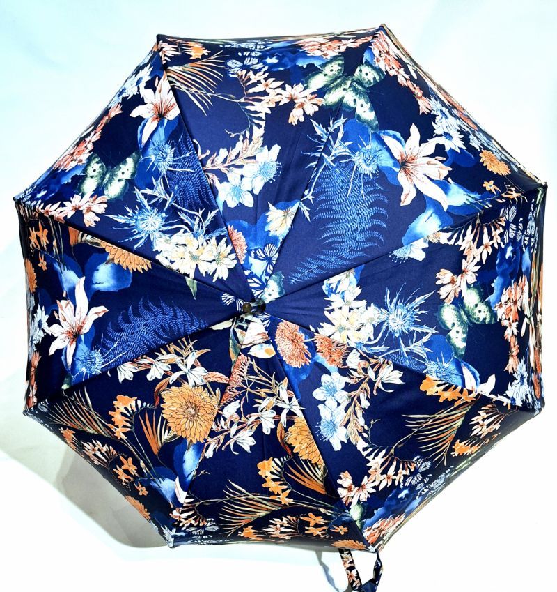 Parapluie grand forme cloche automatique bleu marine imprimé fleurs printanières  Neyrat - léger & résistant