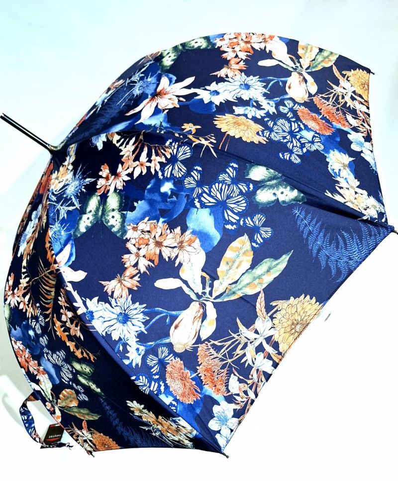 Parapluie grand forme cloche automatique bleu marine imprimé fleurs printanières  Neyrat - léger & résistant