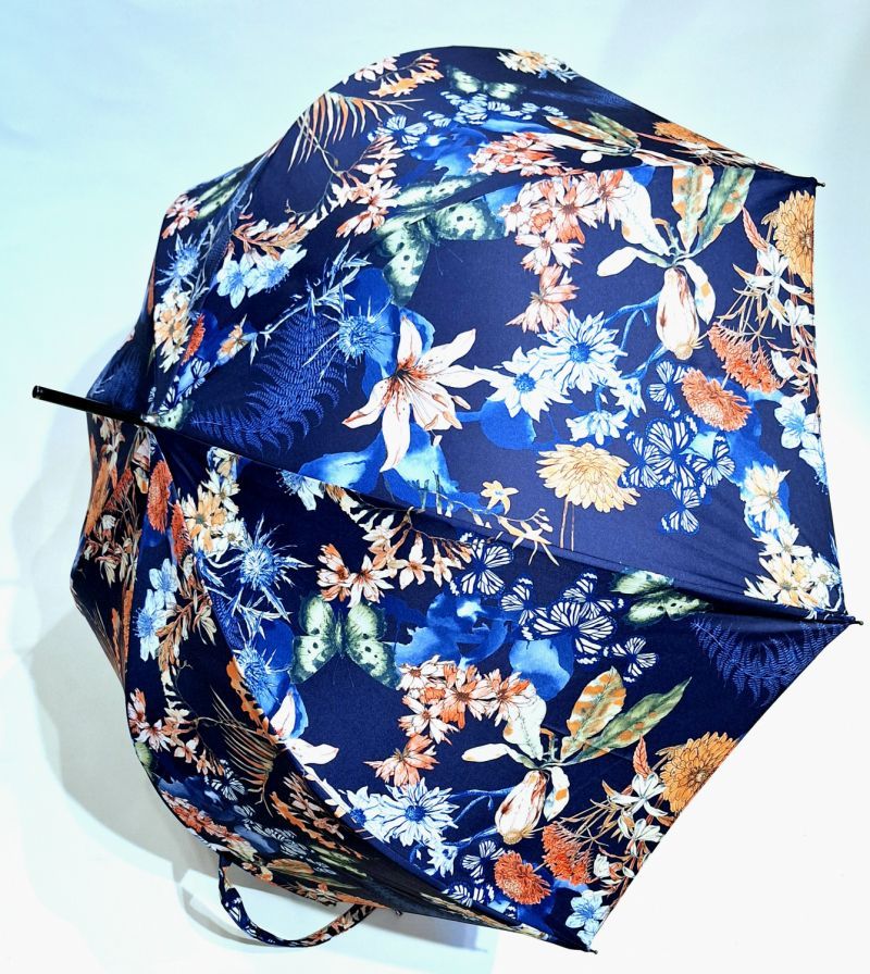 Parapluie grand forme cloche automatique bleu marine imprimé fleurs printanières  Neyrat - léger & résistant