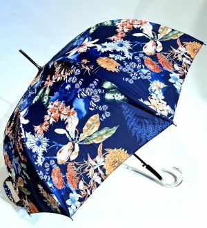 Parapluie grand forme cloche automatique bleu marine imprimé fleurs printanières  Neyrat - léger & résistant