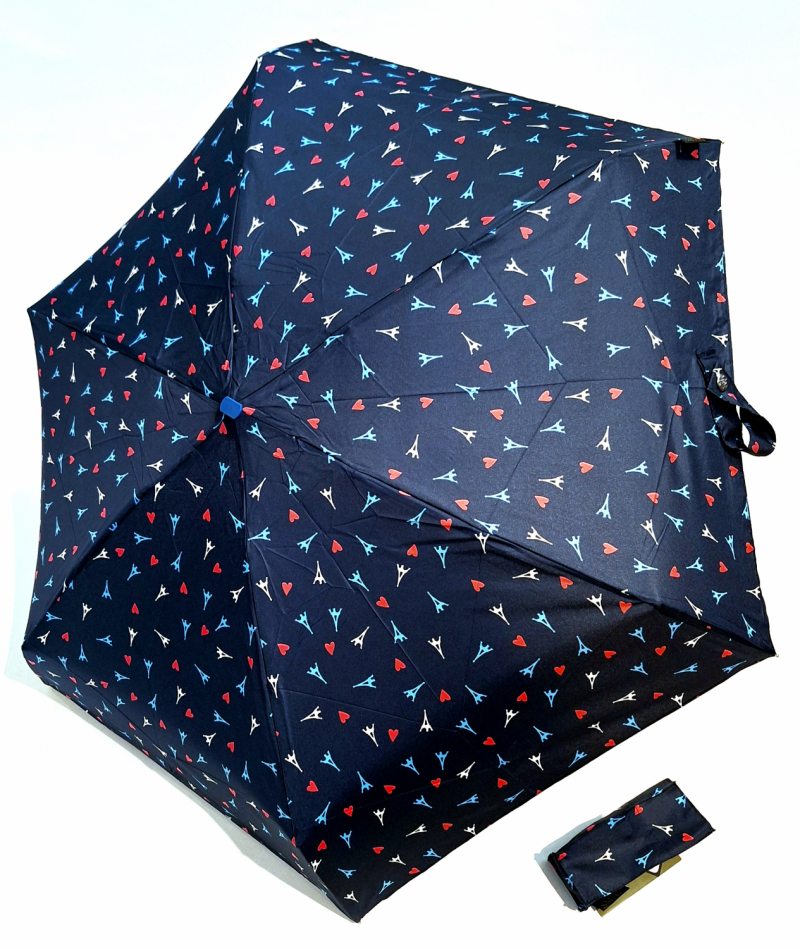 Micro parapluie de poche pliant plat bleu marine imprimé Paris16 cm -  léger 200g & solide