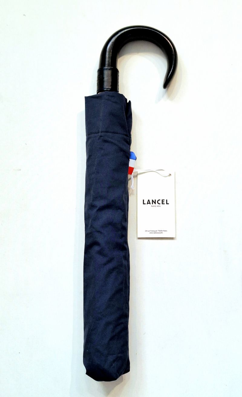 Parapluie Lancel pliant 10 branches uni bleu marine poignée bois en noir gansé cuir - Grand / Résistant / Français