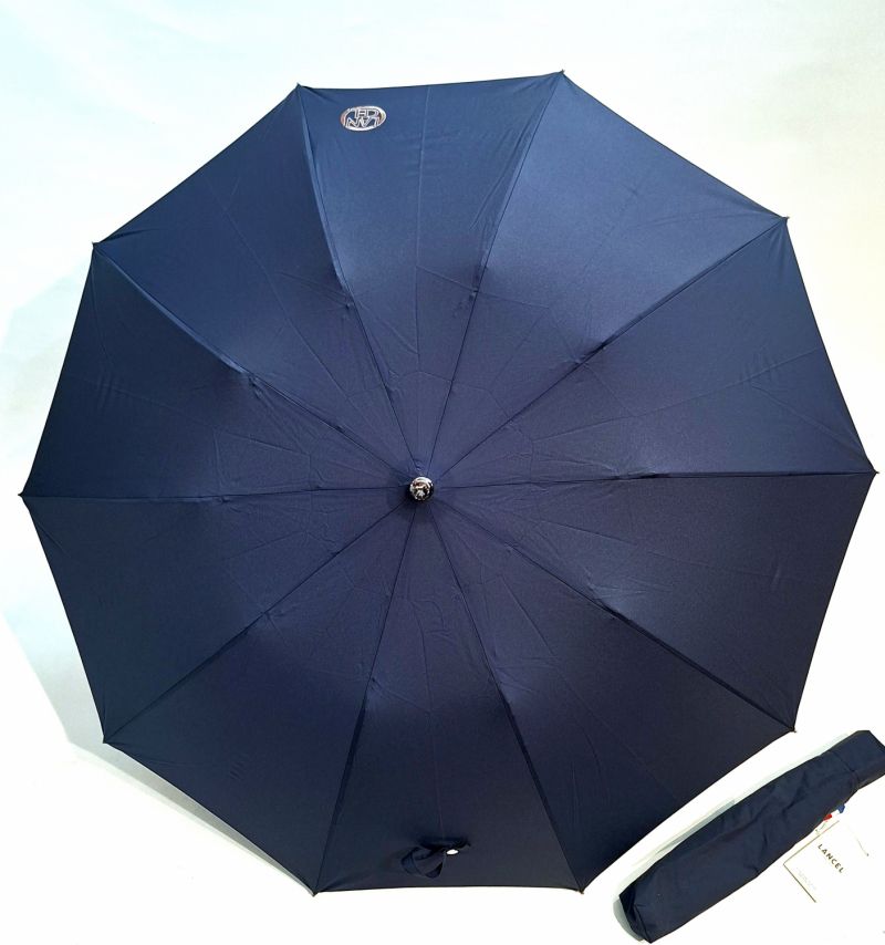 Parapluie Lancel pliant 10 branches uni bleu marine poignée bois en noir gansé cuir - Grand / Résistant / Français