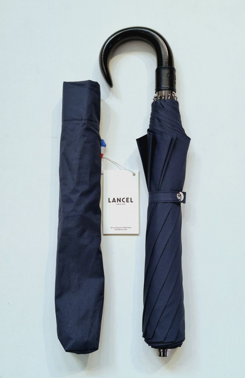 Parapluie Lancel pliant 10 branches uni bleu marine poignée bois en noir gansé cuir - Grand / Résistant / Français