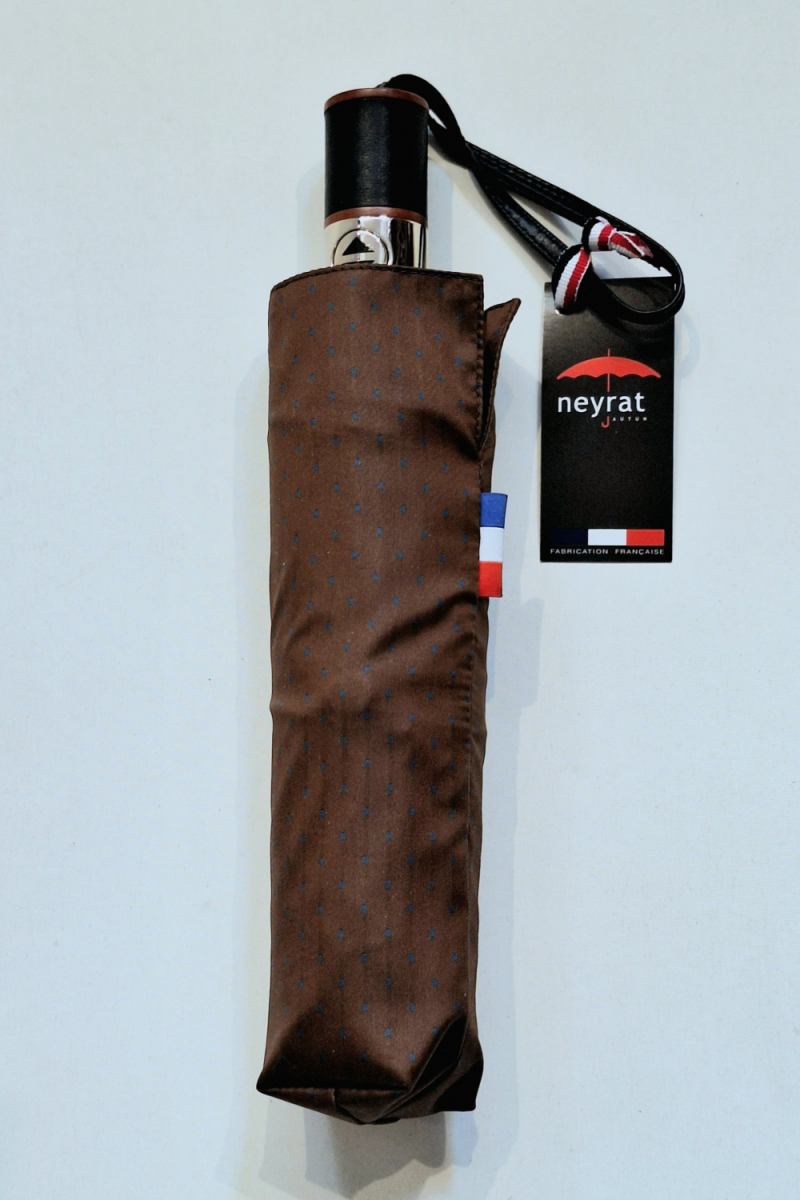 Parapluie mini pliant auto open-close marron/ bleu roi tissé Jacquard imprimé Neyrat Autun - léger et résistant