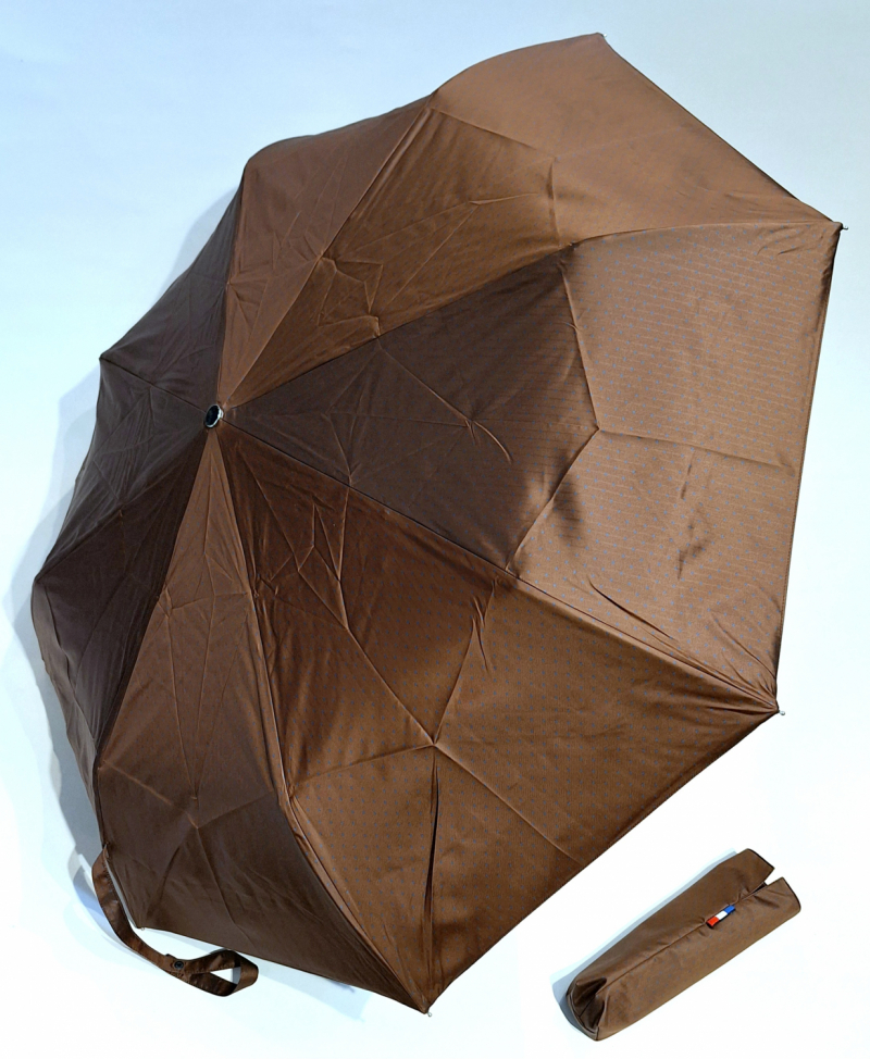 Parapluie mini pliant auto open-close marron/ bleu roi tissé Jacquard imprimé Neyrat Autun - léger et résistant