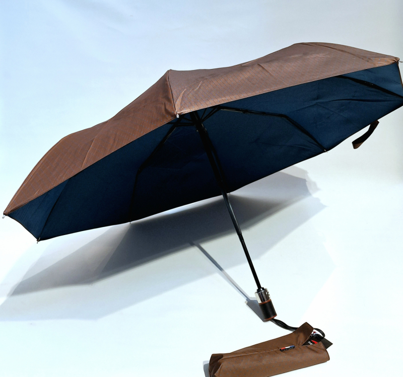 Parapluie mini pliant auto open-close marron/ bleu roi tissé Jacquard imprimé Neyrat Autun - léger et résistant