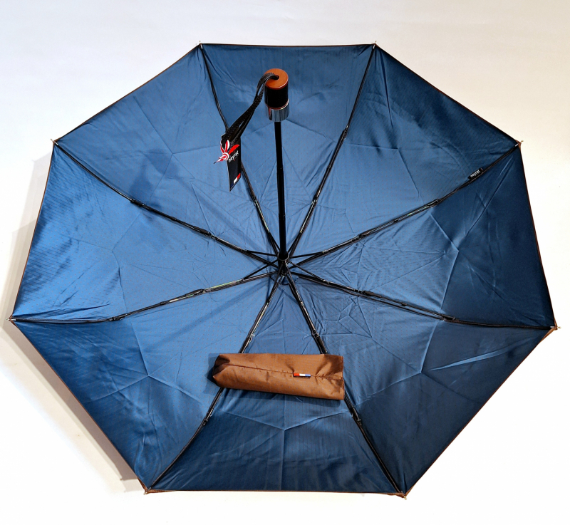 Parapluie mini pliant auto open-close marron/ bleu roi tissé Jacquard imprimé Neyrat Autun - léger et résistant