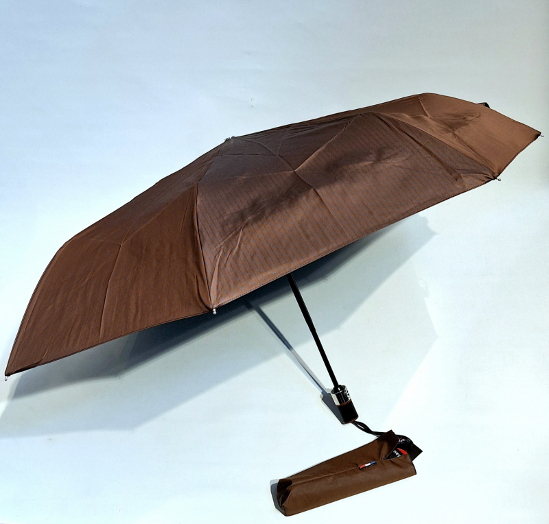 Parapluie mini pliant auto open-close marron/ bleu roi tissé Jacquard imprimé Neyrat Autun - léger et résistant