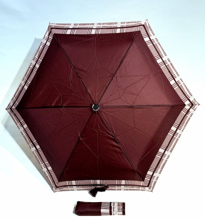 Parapluie Doppler PLUME pliant Fiber Havanna bordeaux imprimé d'un bord écossais  - Super léger 140g & Pas cher