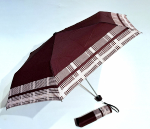 Parapluie Doppler PLUME pliant Fiber Havanna bordeaux imprimé d'un bord écossais  - Super léger 140g & Pas cher