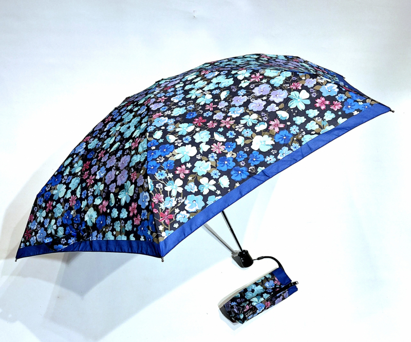  Parapluie micro pliant noir imprimé petites fleurs bleu open close 20cm Neyrat Autun - Petit & solide