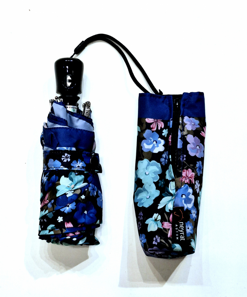  Parapluie micro pliant noir imprimé petites fleurs bleu open close 20cm Neyrat Autun - Petit & solide