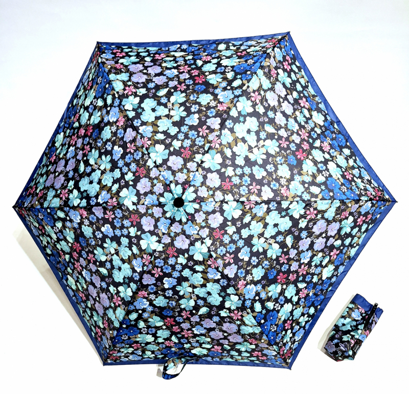  Parapluie micro pliant noir imprimé petites fleurs bleu open close 20cm Neyrat Autun - Petit & solide