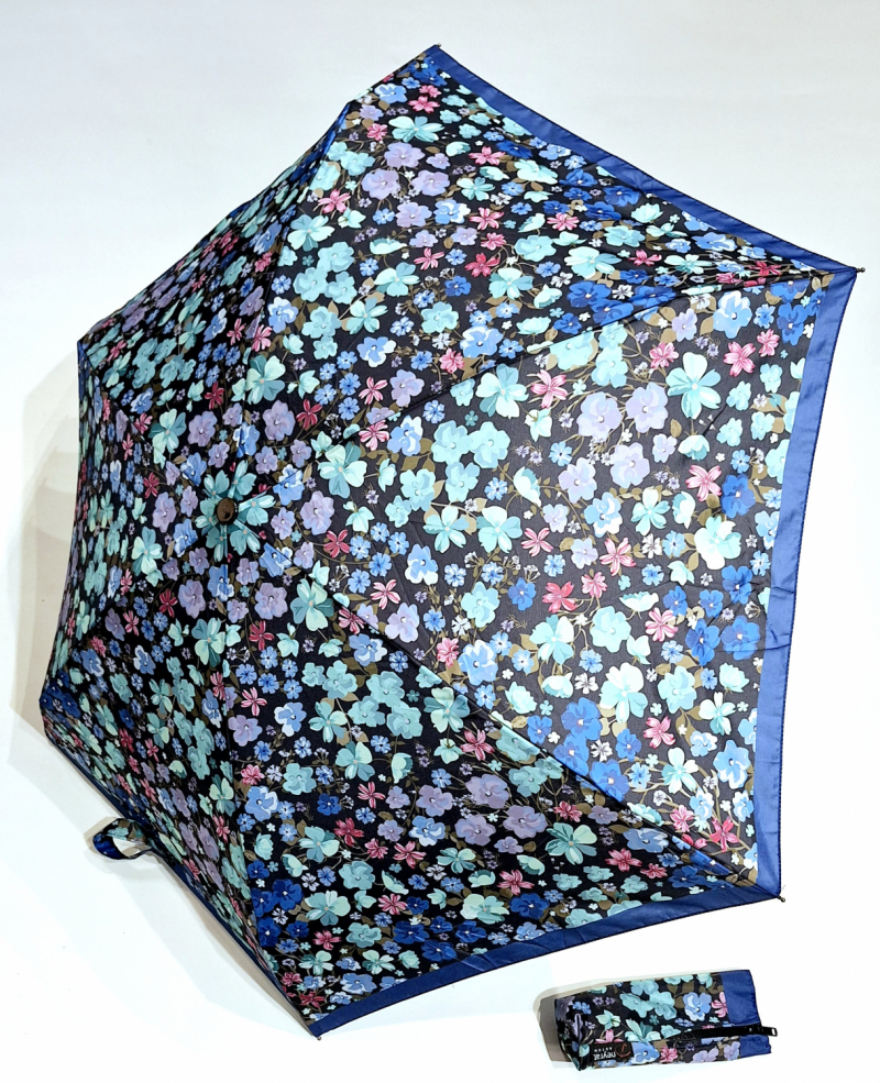  Parapluie micro pliant noir imprimé petites fleurs bleu open close 20cm Neyrat Autun - Petit & solide