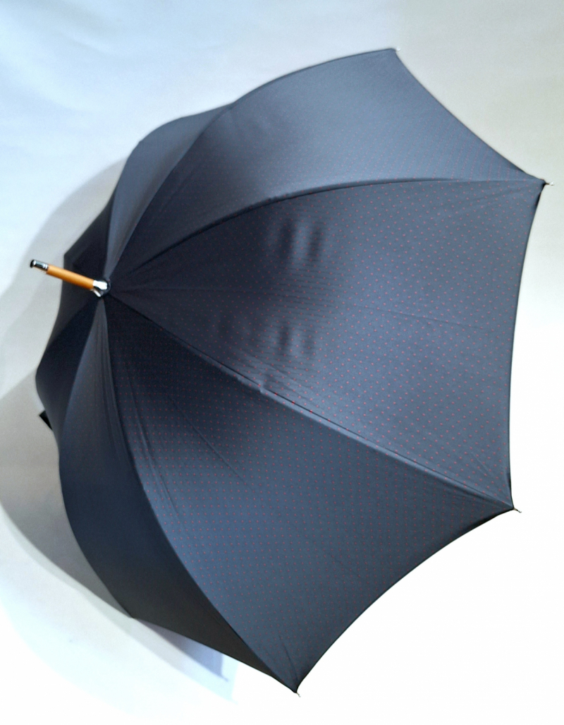 Grand parapluie gris & rouge Tissu sergé doublé à pois fin manuel poignée courbe bois clair - robuste & français