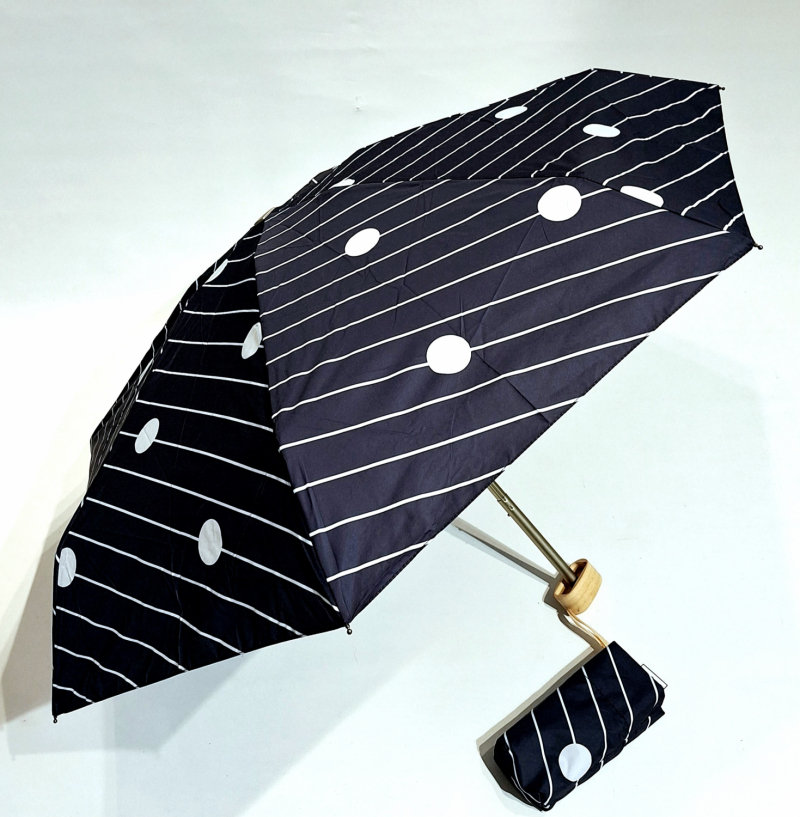 Parapluie de poche français Vaux - Manuel plat poignée bois - Bleu marine rayé & pois - léger & solide